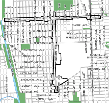 Devon/Western TIF district, roughly bounded on the north by Devon Avenue, Foster Avenue on the south, Ashland Avenue on the east, and Kedzie Avenue on the west.